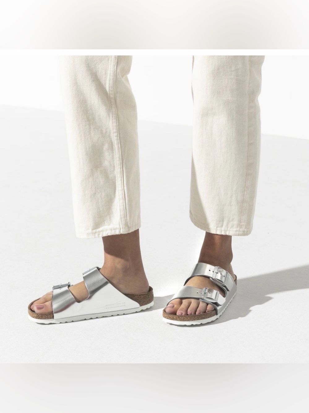 Birkenstock Silver Two-Strap Arizona Soft Footbed